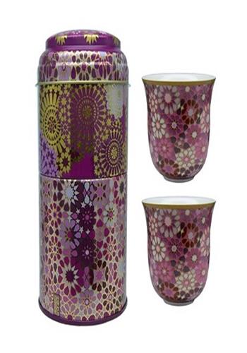 Image de "Tin box et ses deux tasses à café en porcelaine : Collection ""Moucharabieh Parme"" (90 ml)"