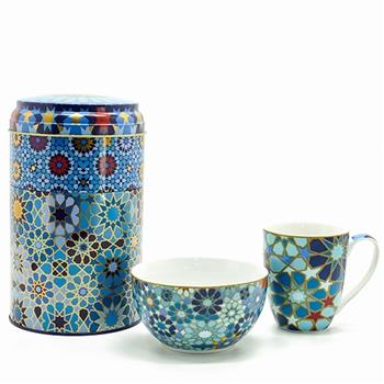 Image de Tin box avec mug et bol : Collection Moucharabieh bleue