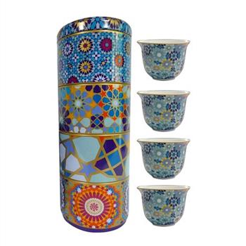 Image de "Tin box et ses quatre tasses à café en porcelaine : Collection "" Moucharabieh"""